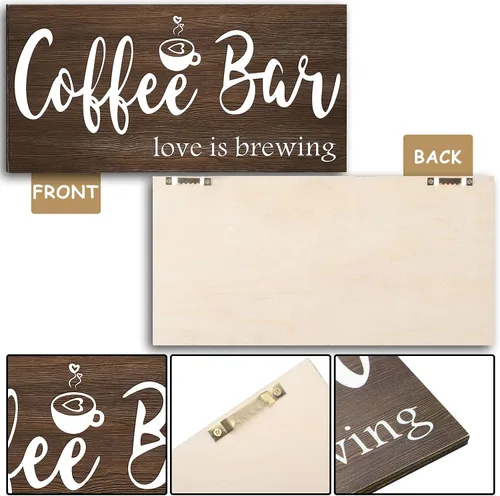 Vista 2 de Jetec Letrero de barra de café, decoración de pared de madera rústica, decoración de estación de café, placa colgante para cafetería, bar