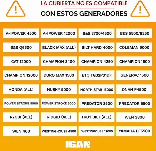 Vista 8 de IGAN - Cubiertas protectoras para generadores en funcionamiento para la mayoría de generadores de 3500 a 12000 W - Cubiertas protectoras