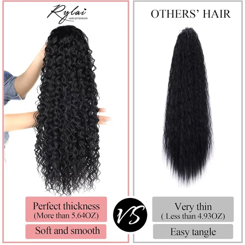 Vista 3 de Extensiones de pelo de cola de caballo negro rizado con cordón de extensión de pelo humano con sensación larga de 24 pulgadas con clip, extensiones