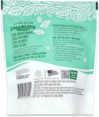 Vista 2 de Charlie's Soap Paquetes de detergente en polvo sin fragancia - 30 cápsulas (1 paquete)..