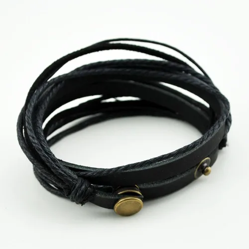 Vista 3 de Pulsera de piel auténtica para hombre y mujer, multicapa, ajustable, con cuerda multicolor, latín, Negro, C0020