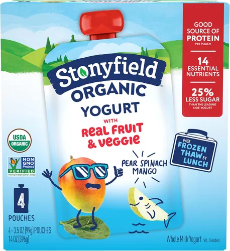 Vista 10 de Stonyfield Organic Kids - Bolsa de yogur de leche entera de pera, espinacas, mango, 3.5 onzas, 1 unidad, fruta y verduras reales; baja en grasa, sin