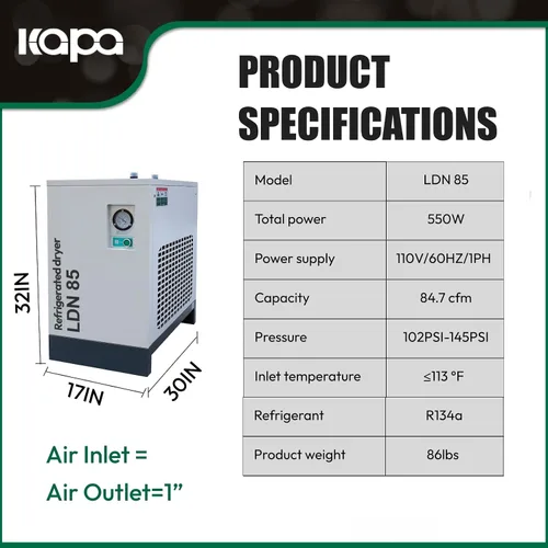 Vista 2 de KAPA Secador de aire refrigerado para compresores de 15 HP y 20 HP, 84.7CFM, sistemas de aire comprimido, 1 fase 110 V