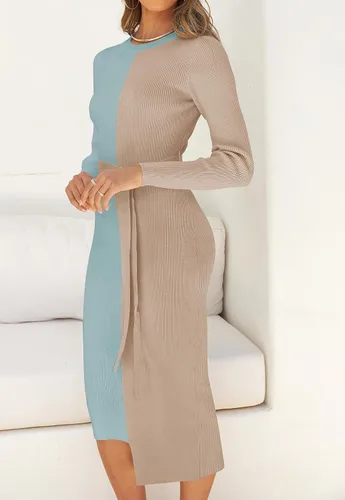 Vista 3 de ZESICA Vestido de punto acanalado para mujer, elegante vestido de manga larga con cuello redondo y lazo en la cintura ajustado ajustado