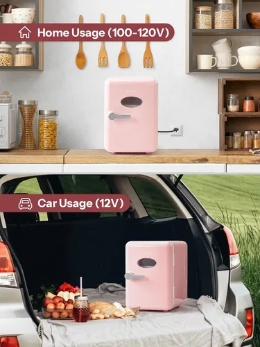 Vista 7 de Reemix Mini nevera, 4L/6 latas, enfriador portátil retro para uso doméstico de 120 V y 12 V CC, refrigerador para el cuidado de la piel para Rosa