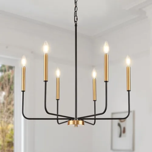 Vista 11 de Lámpara de araña negra, moderna lámpara de comedor de granja de 6 luces con cadena, accesorios de iluminación colgantes de metal, luces de comedor