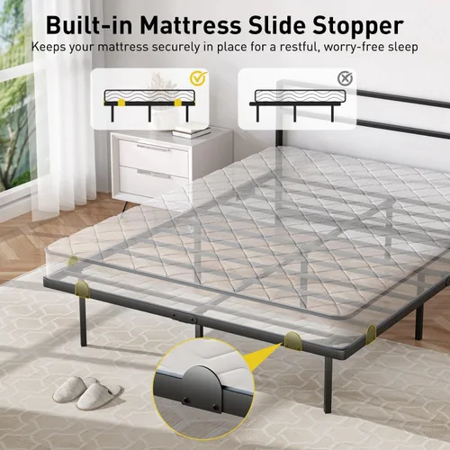 Vista 6 de Marco de cama flotante completo con cabecero, marco de cama de plataforma moderna con luces LED y estación de carga USB, marco de cama de metal