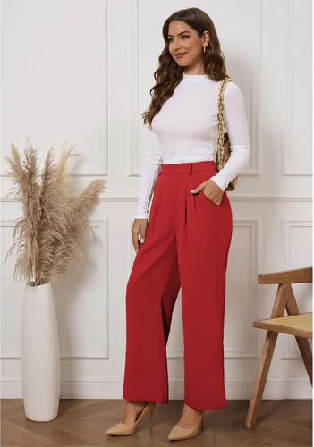 Vista 5 de GRAPENT Pantalones de pierna ancha para mujer, para trabajo, negocios, casual, de cintura alta, pantalones de vestir fluidos para la oficina