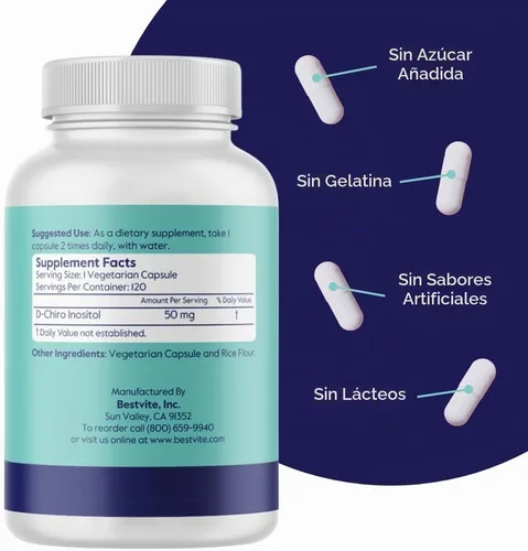 Vista 2 de BESTVITE D-Chiro Inositol (120 cápsulas vegetales) - Sin estearatos