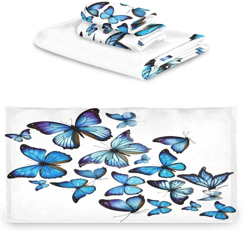 Vista 2 de ALAZA Juego de 3 toallas de baño con diseño de mariposas azules, 1 toalla de baño, 1 toalla de mano, 1 toallita suave, multiusos, para baño, hotel