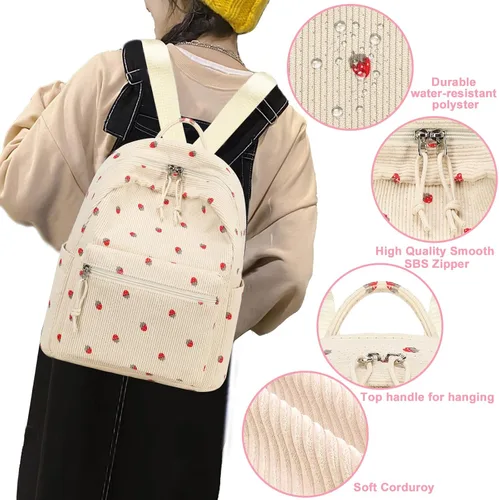 Vista 4 de Bluboon Mini mochilas para niñas pequeñas, mochila escolar, mochila kawaii para mujer, Pana Fresa-beige, Pequeño, Mini mochila casual para niñas