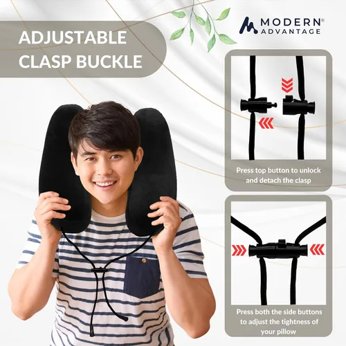 Vista 5 de Modern Advantage Almohada inflable de viaje para aviones con capucha cómoda, soporte ajustable para el cuello, almohada ligera y compacta para Negro