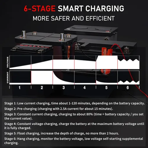 Vista 5 de LVYUAN Cargador de batería de 20 A, 12 V/24 V, cargador de batería inteligente para automóvil con cargador de goteo, cargador LiFePO4 de 12 V