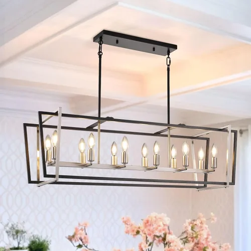 Vista 13 de Iluminación rústica de isla de cocina de granja, lámpara de 5 luces para comedor sobre mesa, lámpara de araña de madera rústica rectangular, lámpara