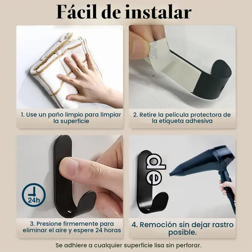Vista 6 de Ganchos adhesivos para toallas, 20 ganchos de pared autoadhesivos de acero Negro