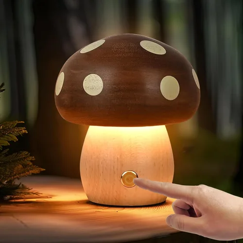 Vista 2 de Lámpara de mesa de madera con forma de hongo pequeño, LED, recargable, inalámbrica, táctil, luz nocturna de atenuación continua, lámpara de batería