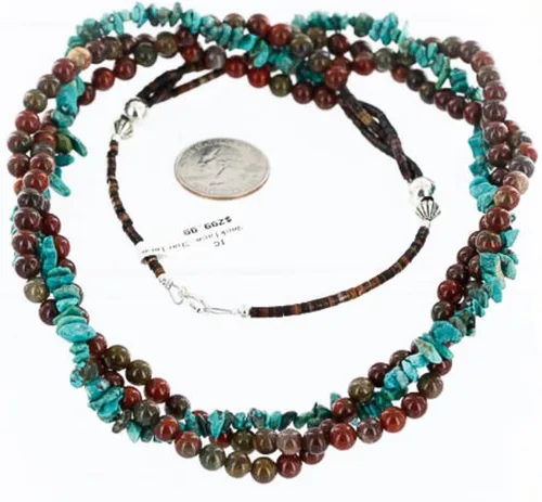 Vista 2 de $300Tag Certificado de 3 hebras de plata Navajo Turquesa Nativo Americano Collar 15961 Hecho por Loma Siiva, Metal Piedra, turquesa estabilizada
