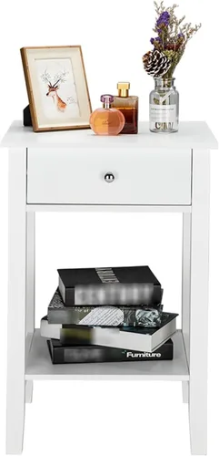 Vista 7 de Mesita de noche blanca con cajón, mesa auxiliar, mesa auxiliar, mesita de noche simple con almacenamiento de estantes, estantería pequeña, estante