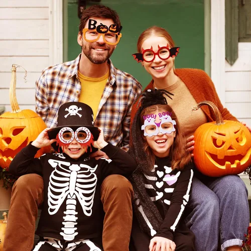 Vista 6 de Garma 24 gafas de Halloween para niños, gafas de plástico para fiestas con purpurina, calabaza, araña, gafas con temática de fantasma