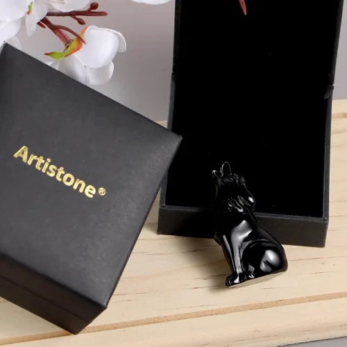 Vista 6 de Artistone Estatua de lobo de obsidiana negra de 2 pulgadas, adorno para decoración del hogar, escultura de animales de cristal curativo con caja
