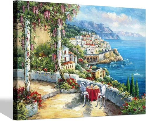 Vista 14 de SD SOFT DANCE Lienzo decorativo para pared de pueblo italiano, pintura de pueblo costero, reproducción de obras de arte para sala de estar