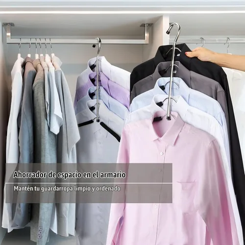 Vista 5 de Perchas de ropa que ahorran espacio, 2 paquetes de brazo oscilante antideslizante acolchado percha de 5 capas de acero inoxidable resistente suéter