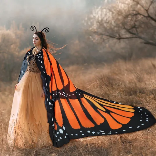 Vista 5 de 2 piezas de disfraz de mariposa de Halloween con alas de mariposa de doble capa con diadema para mujeres y niñas