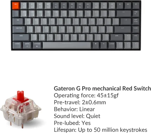 Vista 8 de Keychron K2 - Teclado mecánico inalámbrico Bluetooth RGB con interruptor rojo Gateron G Pro antifantasma N-Key Rollover compacto 84 teclas USB