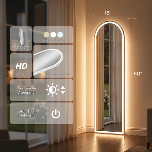 Vista 4 de Espejo arqueado de cuerpo entero con luces LED, espejo de piso LED de 60"x16" con soporte, espejos de piso para el cuerpo con atenuación e