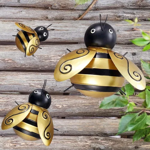 Vista 8 de Queemie® Bonito juego de 3 decoraciones de pared de abejas de jardín de metal, coloridas estatuas de abeja al aire libre, esculturas de pared