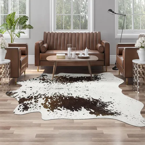 Vista 11 de Alfombra de piel de vaca sintética AROGAN, alfombra premium con estampado de vaca para decoración occidental boho, piel de vaca para dormitorio Negro