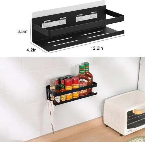 Vista 4 de Estante de especias para refrigerador, cocina, hogar, organización y almacenamiento adhesivo (paquete de 2, negro)