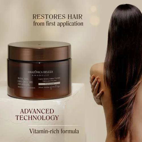 Vista 4 de AMAZONICA BELEZA Oro de Cari - Mascarilla para el cabello, hidratación intensiva para cabello seco con aceite de argán y vitamina E, línea