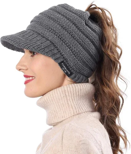 Vista 3 de FORBUSITE Gorro de punto cálido para mujer con diseño de cola de caballo para coleta, gorro B085