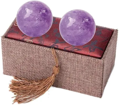 Vista 6 de Bolas Baoding de cristal de amatista de 1.4 pulgadas, pequeñas bolas curativas de cuarzo morado, bolas de mano para terapia de manos, alivio