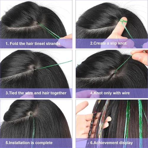 Vista 4 de FEBSNOW Tinsel Hair Extension, 47 Inch Glitter Rainbow Strands with Tool Multi 12 colores-1