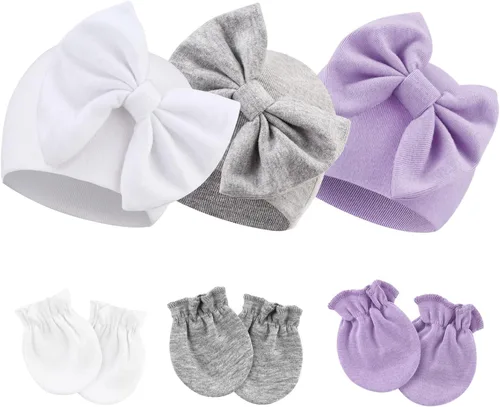 Vista 28 de BQUBO Gorros para Niñas Recién Nacidas Conjunto de Gorro y Manoplas para Bebé Gorros para Infantes con Moño Gorro de Hospital con Manoplas