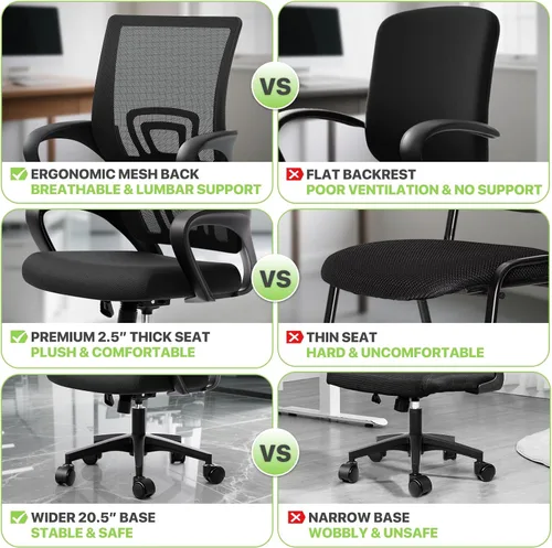 Vista 4 de Magshion Silla de oficina, silla ergonómica de escritorio de malla con respaldo medio, silla de computadora con ruedas con soporte lumbar y cómodos
