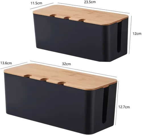 Vista 2 de Caja de organización de cables con tapa de bambú, caja organizadora de cables para ocultar cables y regletas de alimentación, cable de extensión