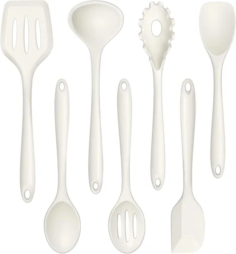 Vista 11 de TeamFar Juego de 7 utensilios de cocina de silicona, herramientas antiadherentes de cocina negras, espátula, cucharón, servidor de pasta