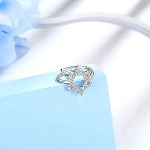 Vista 5 de Jewmon Anillo ajustable de estrella de David judía para mujer, plata de ley 925, circonita cúbica, estrella de David, anillo judío abierto, amuleto