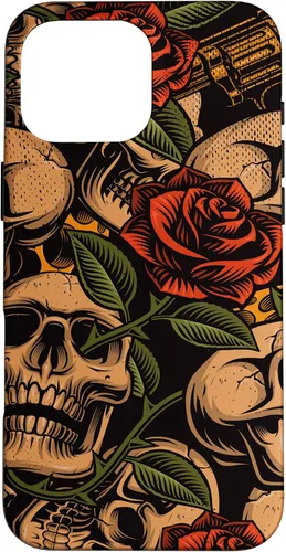 Vista 19 de Funda con diseño de tatuajes de flash tradicional para iPhone 17 con diseño retro rojo de rosas de calavera