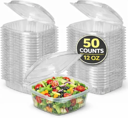 Vista 7 de Contenedores de delicatessen con tapas con bisagras, plástico PET, transparente, 24 onzas, 50 unidades, concha, rectangular, almacenamiento
