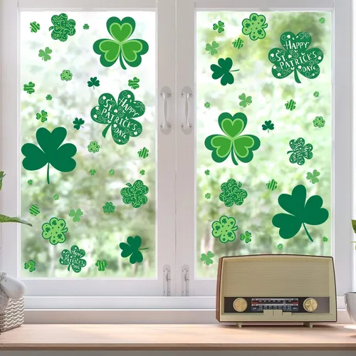 Vista 2 de Adhesivos para ventana del día de San Patricio, 109 calcomanías de ventana de trébol para decoraciones del día de San Patricio