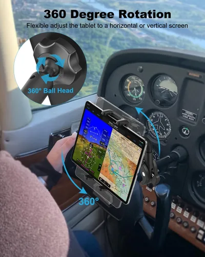 Vista 4 de Soporte de yugo para iPad, soporte para tableta de piloto de aviación de cuello de cisne, soporte giratorio de 360° con abrazadera resistente