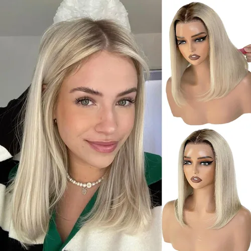 Vista 12 de Peluca de cabello humano rubio ceniza ombré, encaje frontal transparente UHD de 13 x 4 pulgadas, encaje frontal transparente UHD de 12 pulgadas 666