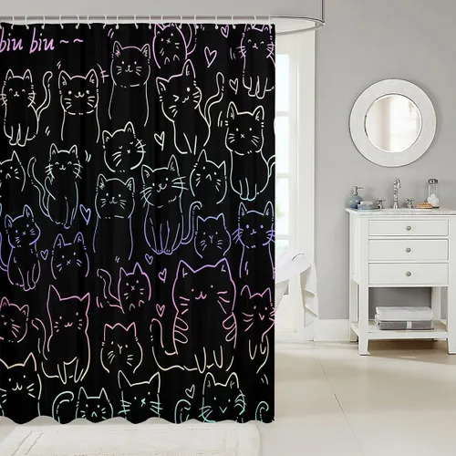 Vista 2 de Cortina de ducha para niños, cortina de ducha de tela de gato de dibujos animados para niños, niñas, adolescentes, línea degradada, lindo gato