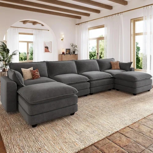 Vista 18 de Sofá de nube en forma de L de 118 pulgadas, sofá modular de gran tamaño con otomana móvil, cómodo sofá de felpilla de 4 plazas con asiento profundo