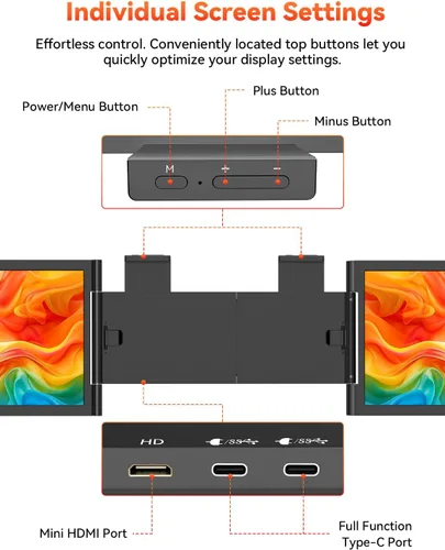 Vista 5 de Extensor de pantalla para portátil 1080P de 14", conexión de un cable (Windows y Mac) Dual Screen USB-C HDMI Wireless & Wired Travel Extended