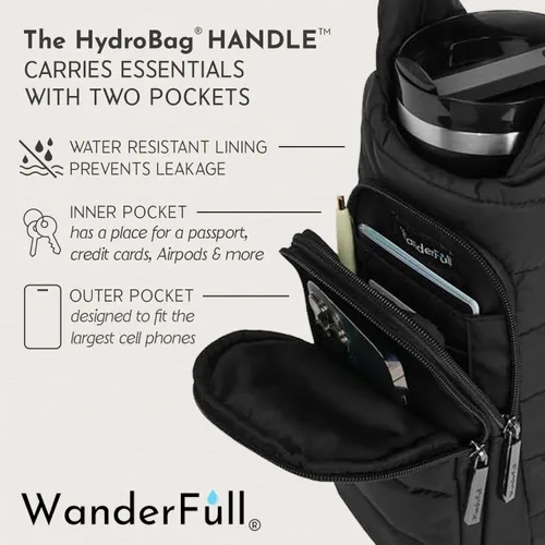 Vista 5 de WanderFull® Ranura con cremallera original HydroBag® HANDLE™ para mango, soporte para botella de agua cruzado manos libres y accesorios para vasos
